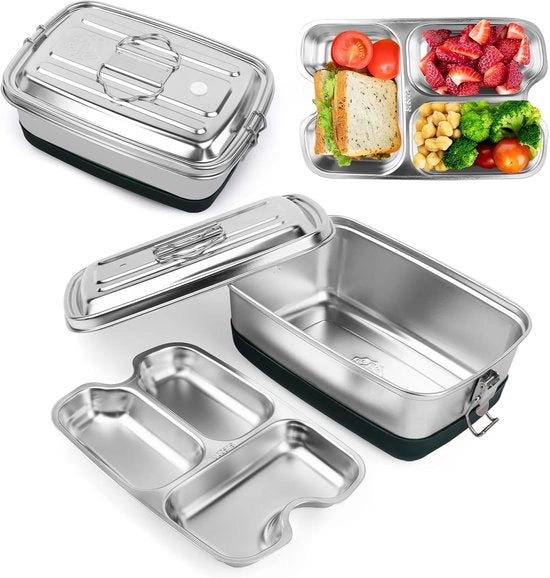 Lunchbox in acciaio inossidabile, 2000 ml, con 3 contenitori, brodo con gomma adesiva per alimenti, sandwich, insalata, frutta, bento box portatile per bambini e adulti.