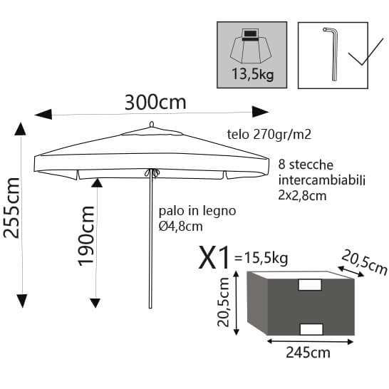 Ombrellone da Giardino Rotondo 3 palo centrale in legno - BRENTA