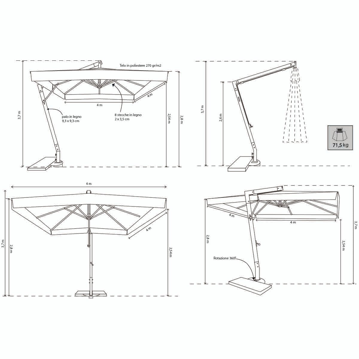 Ombrellone da Giardino decentrato 3x3 in legno - BRENTA