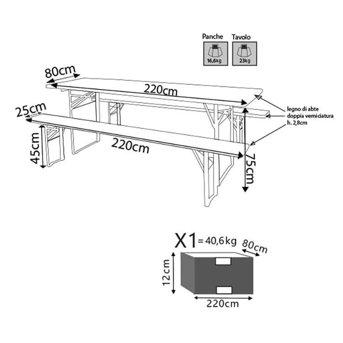 Set Birreria Tavolo con Panche cm 220x80 - SETBREWERY