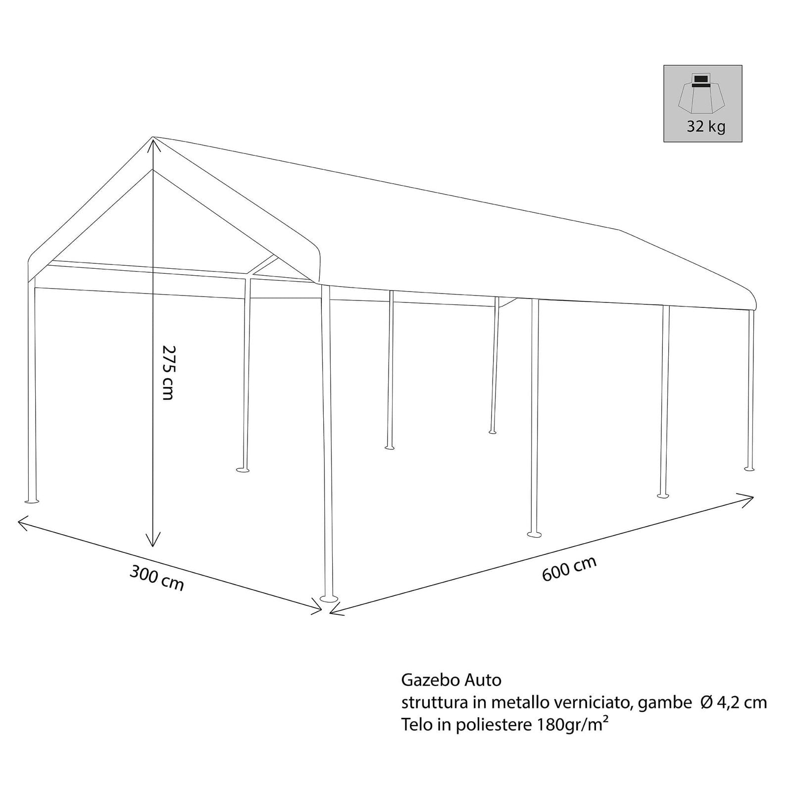 Gazebo per auto 3x6 in acciaio poliestere - THESI