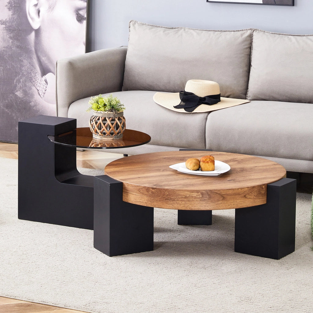 Tavolino da caffè rotondo a due livelli in MDF e vetro; nero e effetto legno; set 61 cm e 44 cm