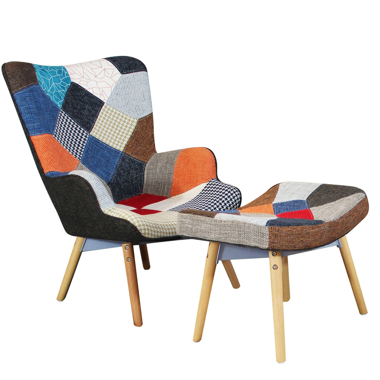 Poltrona con poggiapiedi Patchwork Svandinava in Legno Acciaio Tessuto cm 75x69x91 5 - TYRESE