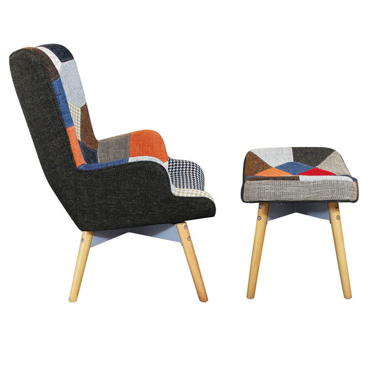 Poltrona con poggiapiedi Patchwork Svandinava in Legno Acciaio Tessuto cm 75x69x91 5 - TYRESE