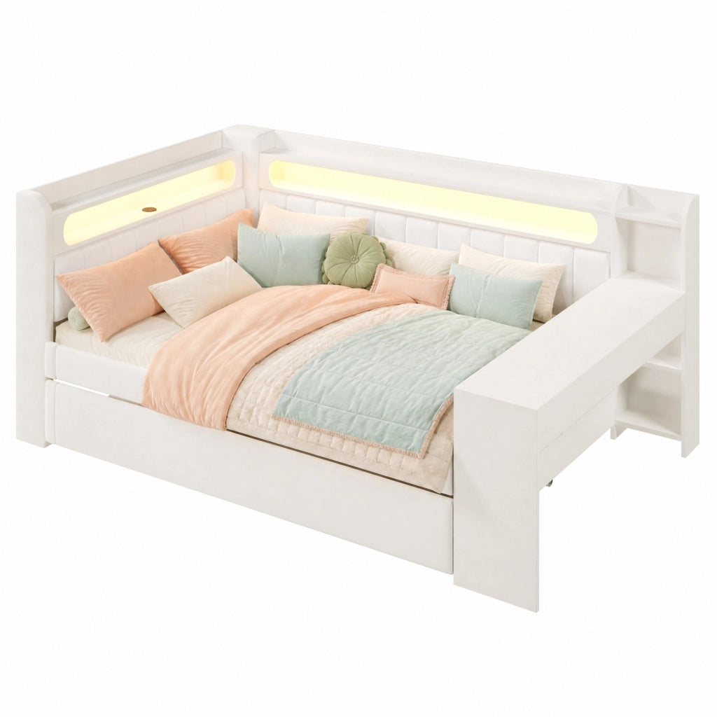 Divano letto 140x200 cm con letto estraibile; USB; LED e scrivania integrata; bianco