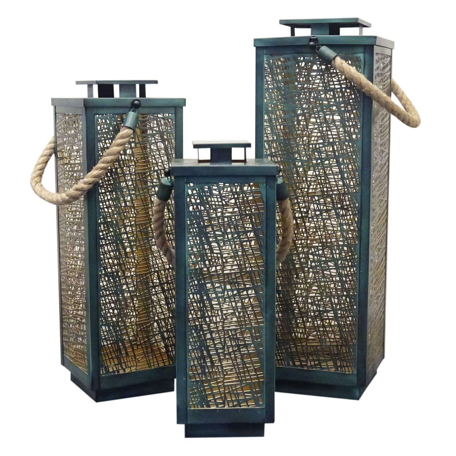 Set di 3 lanterne in Acciaio cm 20x20x69 - LUDO Colore: Verde