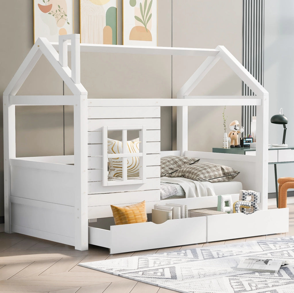 Letto a casetta per bambini 90x200 cm in legno massello di pino bianco con 2 cassetti