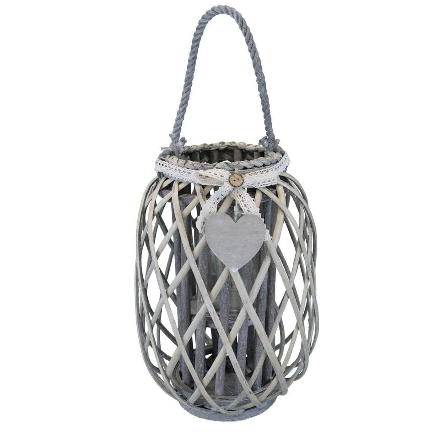 Lanterna in Vimini Rotonda in Vimini Vetro cm 30x30x56 - BRAD Colore: Grigio