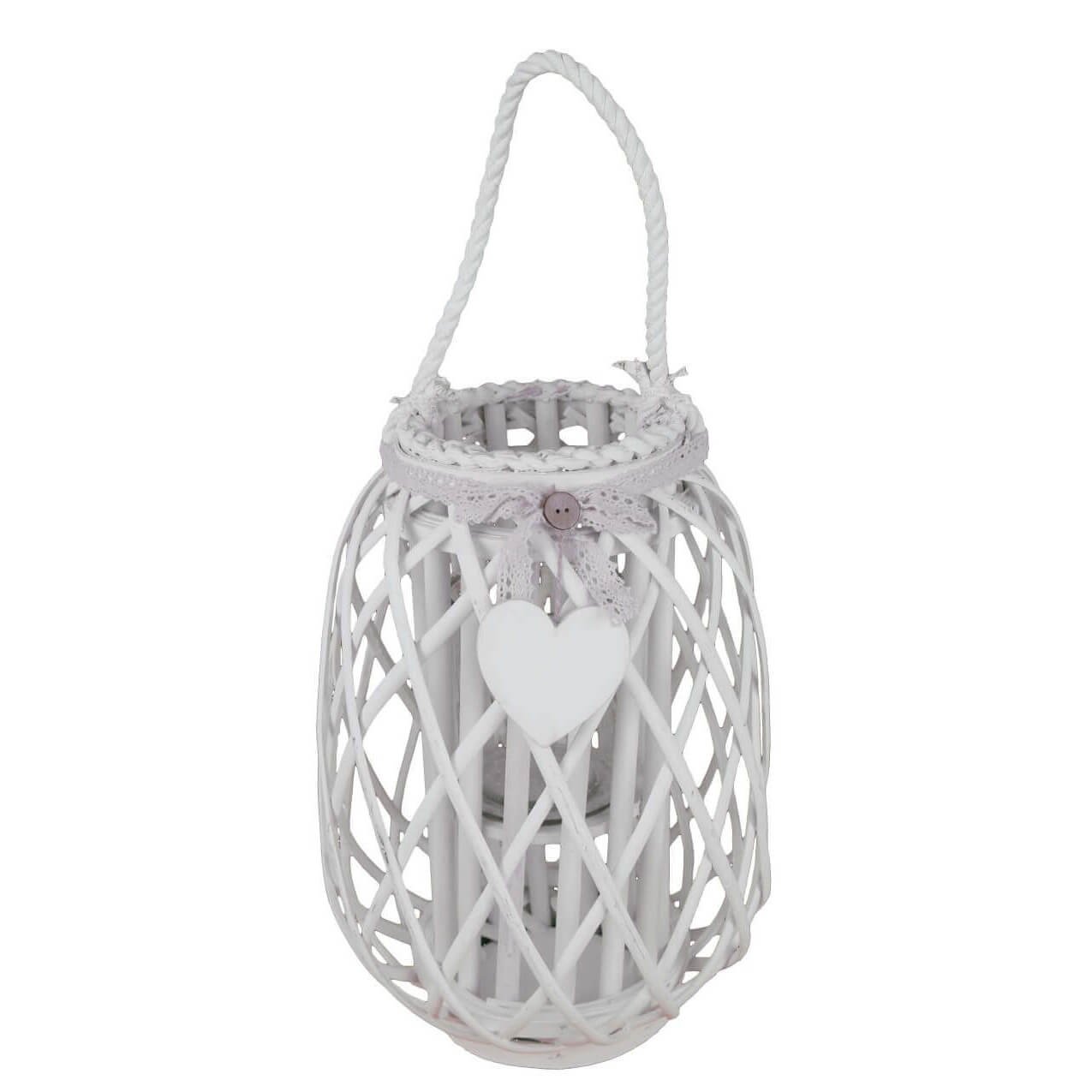 Lanterna in Vimini Rotonda in Vimini Vetro cm 28x28x45 - BRAD Colore: Bianco