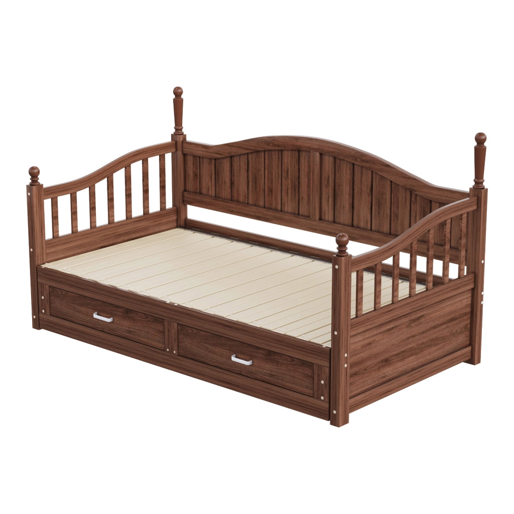 OKWISH Letto Divano Estraibile 90×190 cm, Letto Singolo con 2 Cassetti, Schienale Curvo e Braccioli, senza Materasso, in Legno, Noce