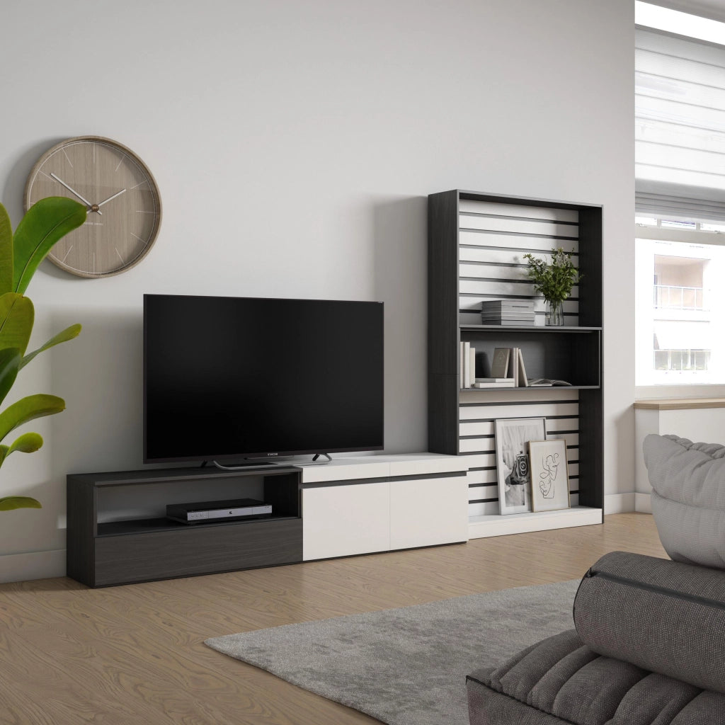 Mobile TV, Soggiorno, 310x35x186cm, Per TV fino a 80", Set di mobili, Bianco e nero RF2850
