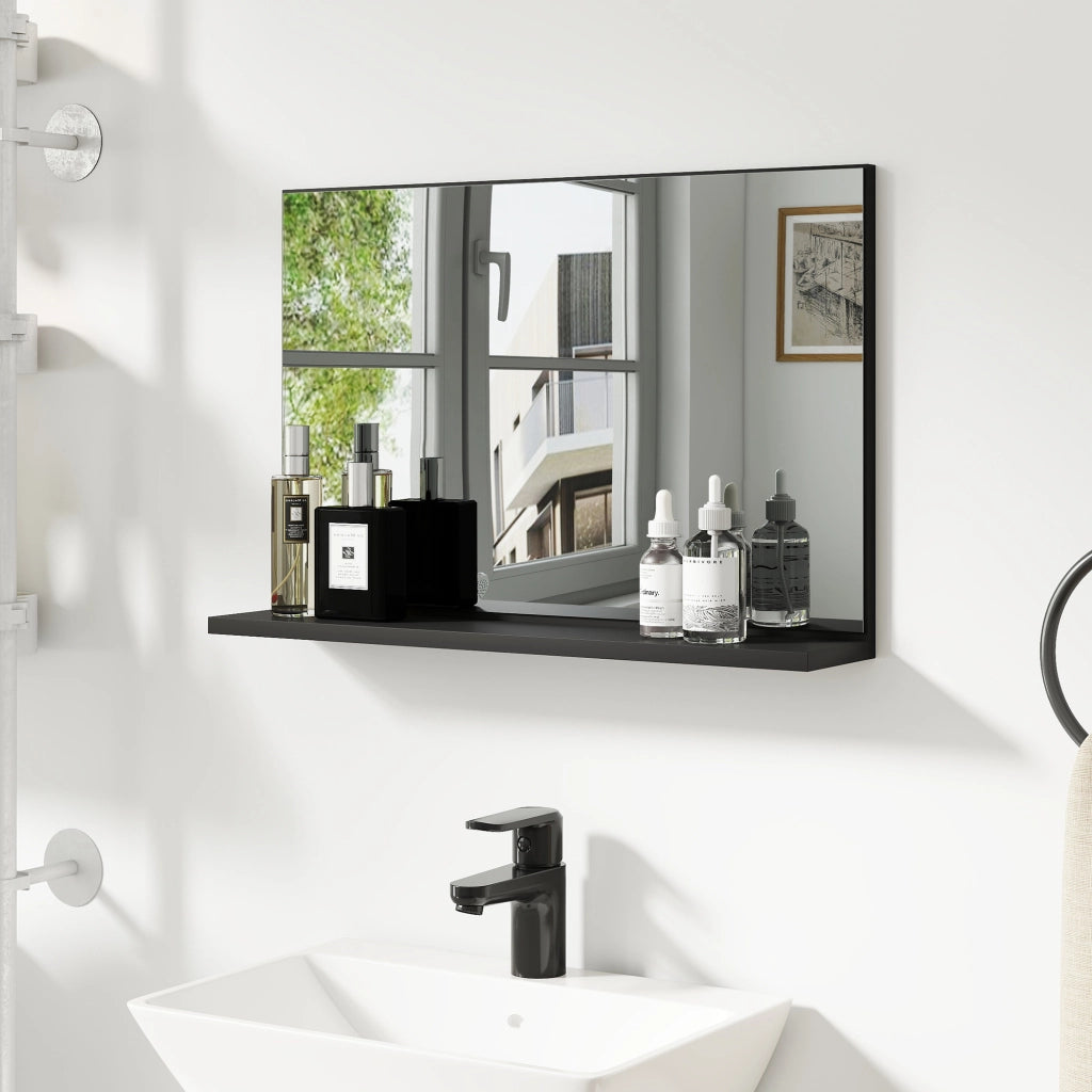 Specchio Bagno da Parete con Mensola Design Moderno e Multiuso, 60x12x40 cm, Nero
