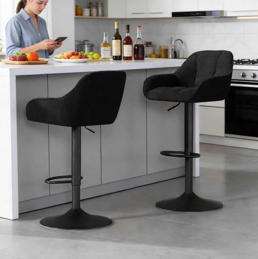 Set di 2 Sgabelli da Bar Girevoli in Chenille e Velluto, Altezza Regolabile, Nero