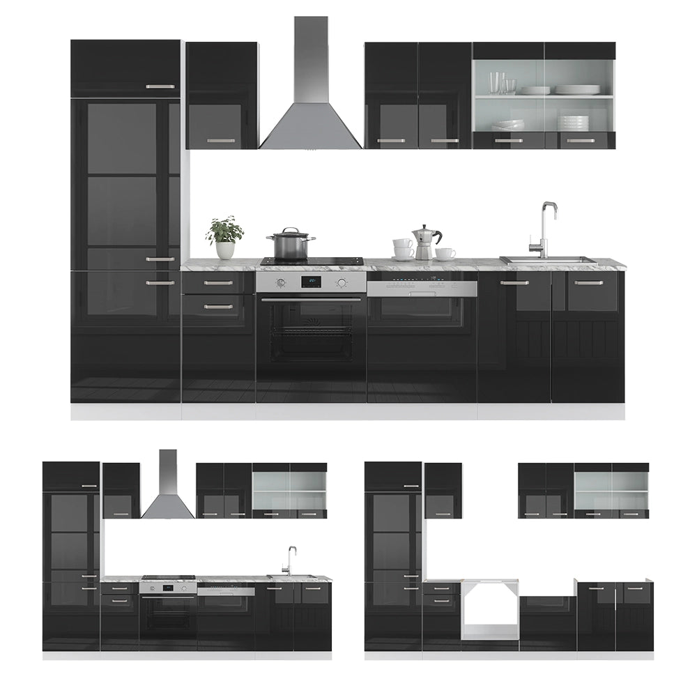 Vicco Cucina componibile Nero lucido/bianco 300 cm senza piano di lavoro