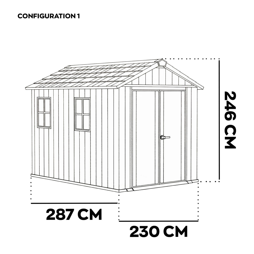 Newton + 759/975 - Casetta da Giardino 287x246x230 cm 2 Ante per deposito attrezzi finitura effetto legno Evotech+ in Resina Grigio e Nero