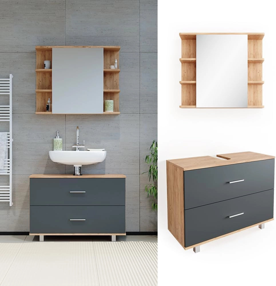 Set mobili bagno Ilias, Antracite/quercia dorata, 80.2 cm, composto da specchio da bagno e mobile sottolavabo