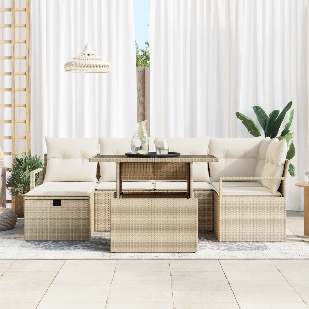 Set Divano da Giardino 7 Pezzi con Cuscini Beige Rattan Polimerico