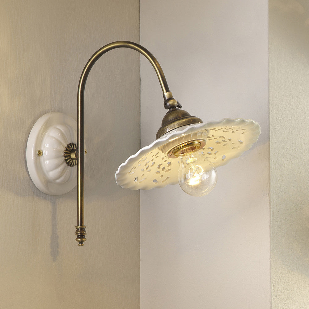 MERLETTO Applique Ceramica Traforata, Braccio Ottone Regolabile
