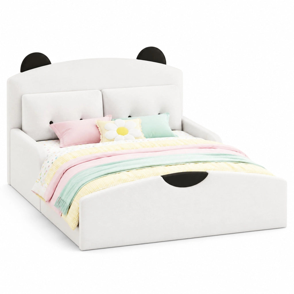 Letto imbottito 140x200 cm con testiera a orsetto in lino bianco e 2 cuscini