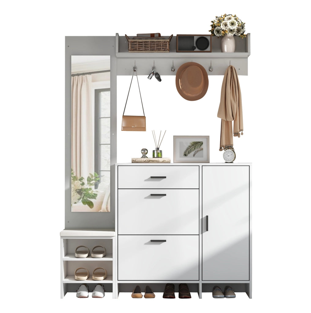 Guardaroba ingresso 140x30x200 cm con panca portascarpe; specchio e ganci in MDF bianco