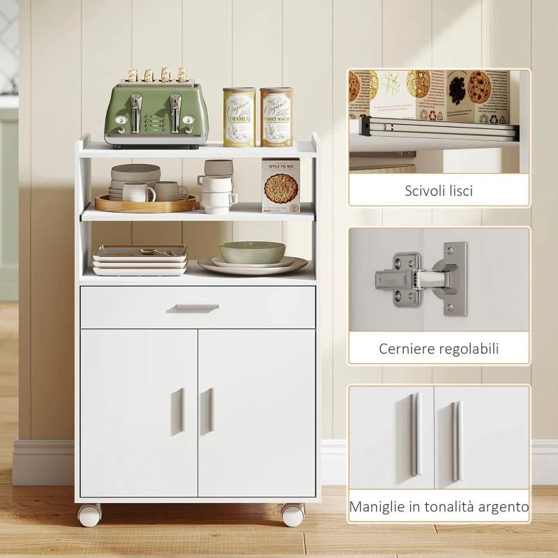 MOBILE MICROONDE IN LEGNO CON CASSETTO, ARMADIETTO A 2 ANTE E 2 RIPIANI, 59X40X92 CM, BIANCO