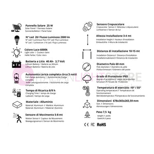 TECHNO Proiettore Faro Solare Led per Lampioni 2000Lm Con Pannello Incorporato