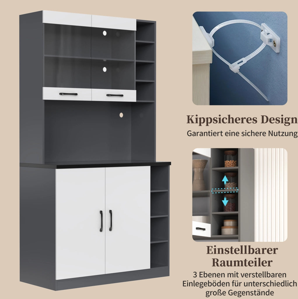 Credenza da cucina con LED, vano microonde e ripiani regolabili