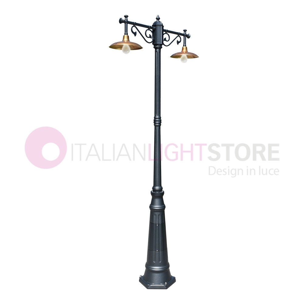 NIKE ANTRACITE Lampione da giardino 2 luci con piatti in ottone anticato