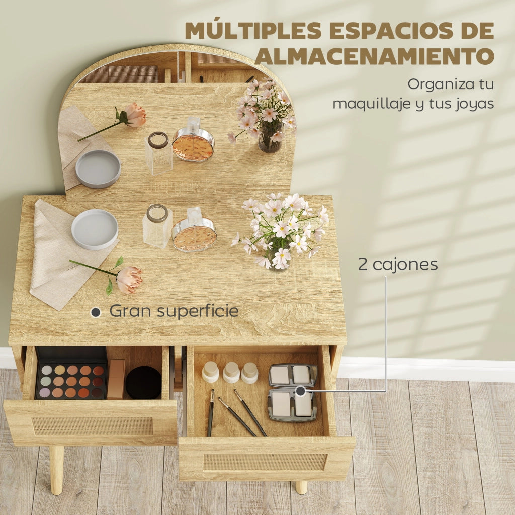 Tocador con Specchio Arcuato e 2 Cassetti ¨C zephmum ¨C Legno Naturale con Frontale in Rattan