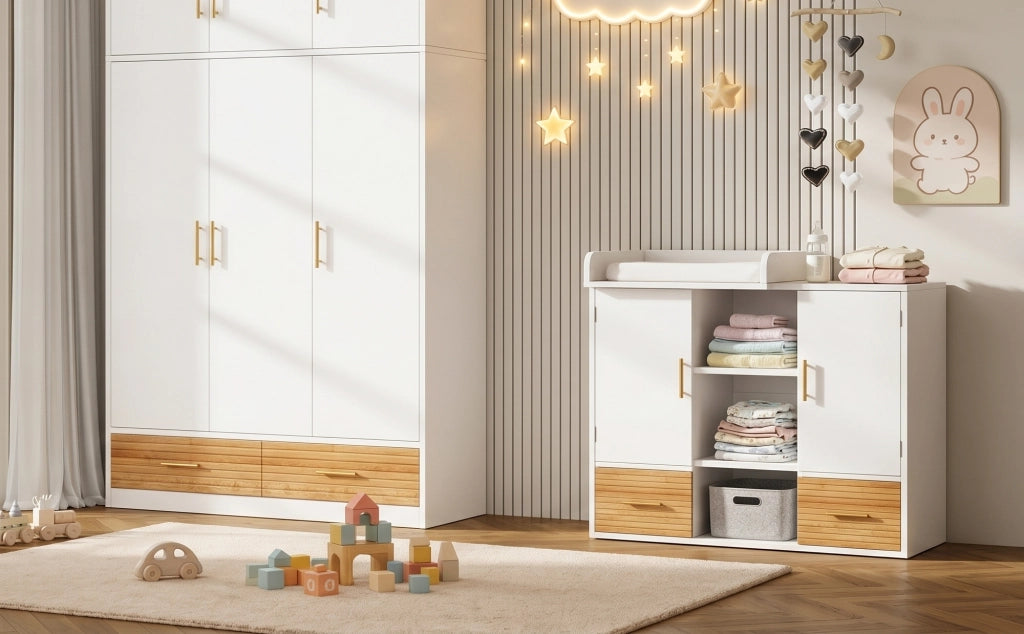 Fasciatoio multifunzione con ripiani, armadio portaoggetti con griglia rimovibile, design ergonomico, bianco, 114 x 53 x 92 cm