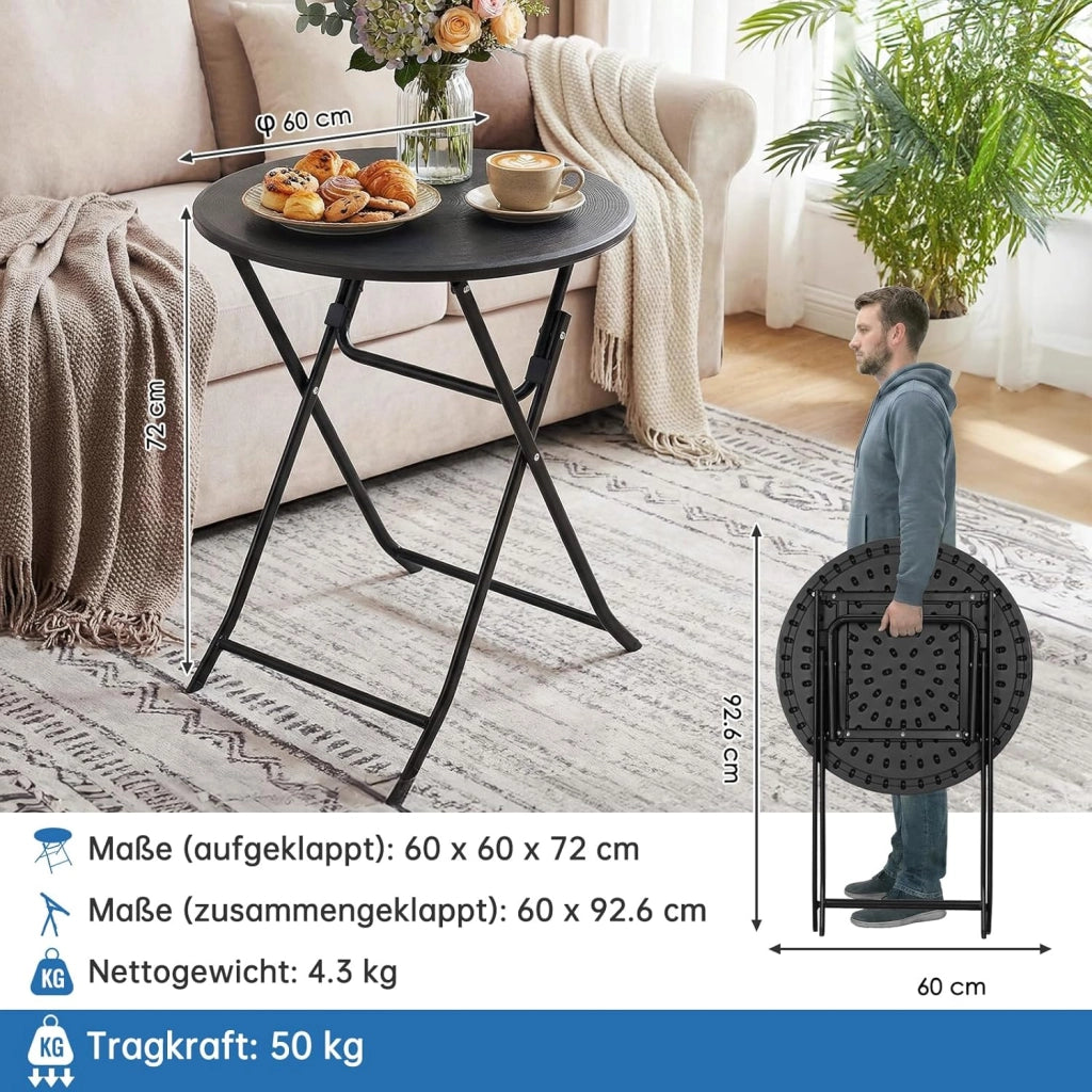 Tavolo Rotondo da Giardino φ60 x 72 cm, Tavolo Pieghevole Portatile, Tavolo da Campeggio in HDPE, Piano Effetto Legno, con Telaio in Acciaio, Carico Massimo 50 kg, per Giardino, Terrazza e Balcone