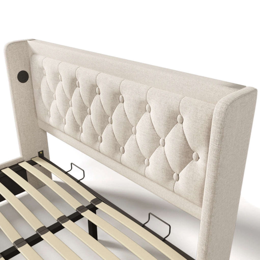Letto matrimoniale imbottito 140x200 cm beige in cotone con contenitore; USB e LED