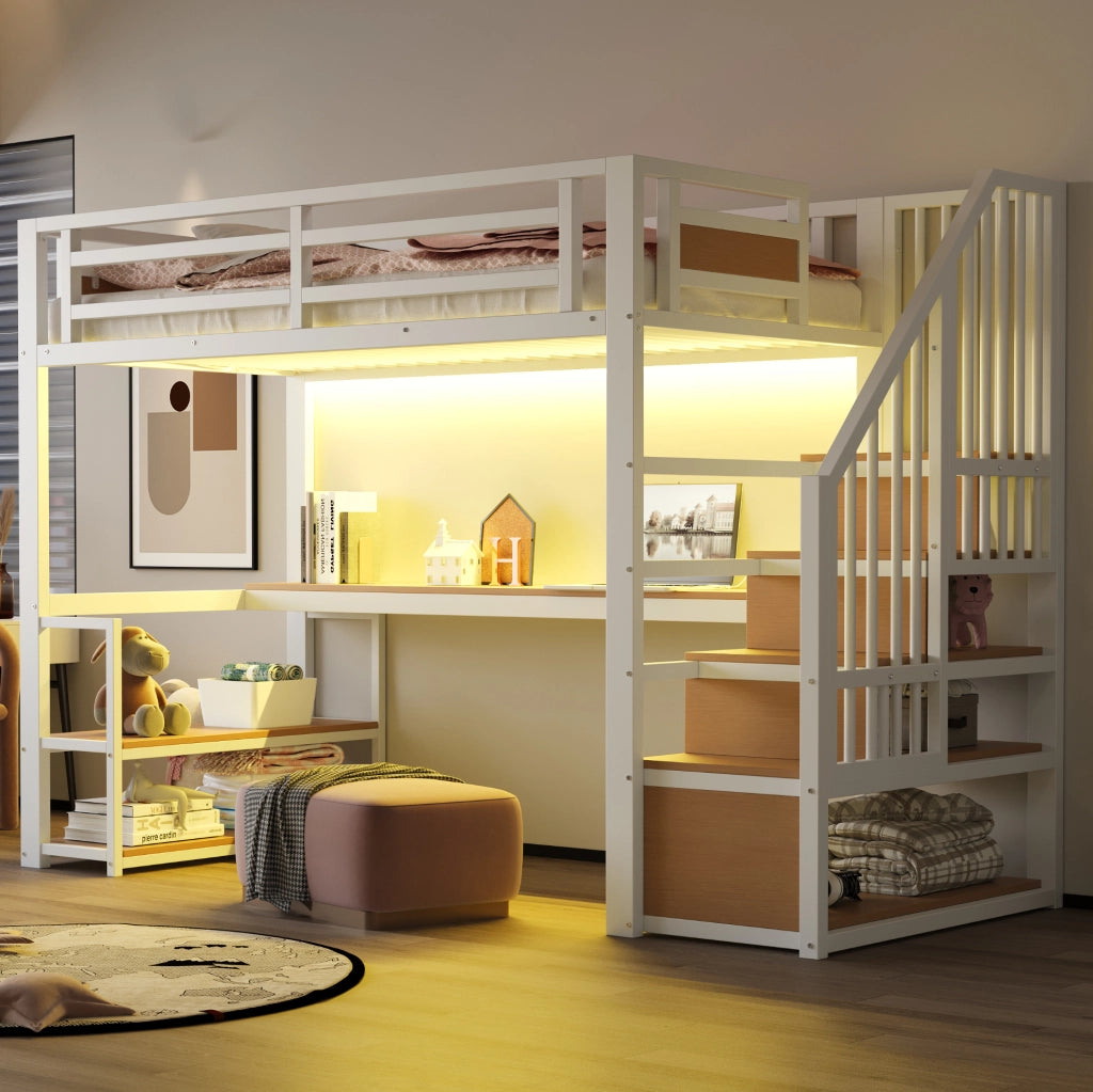 Letto a soppalco in metallo 90x200 cm con scrivania; scaffali e scala contenitore; bianco
