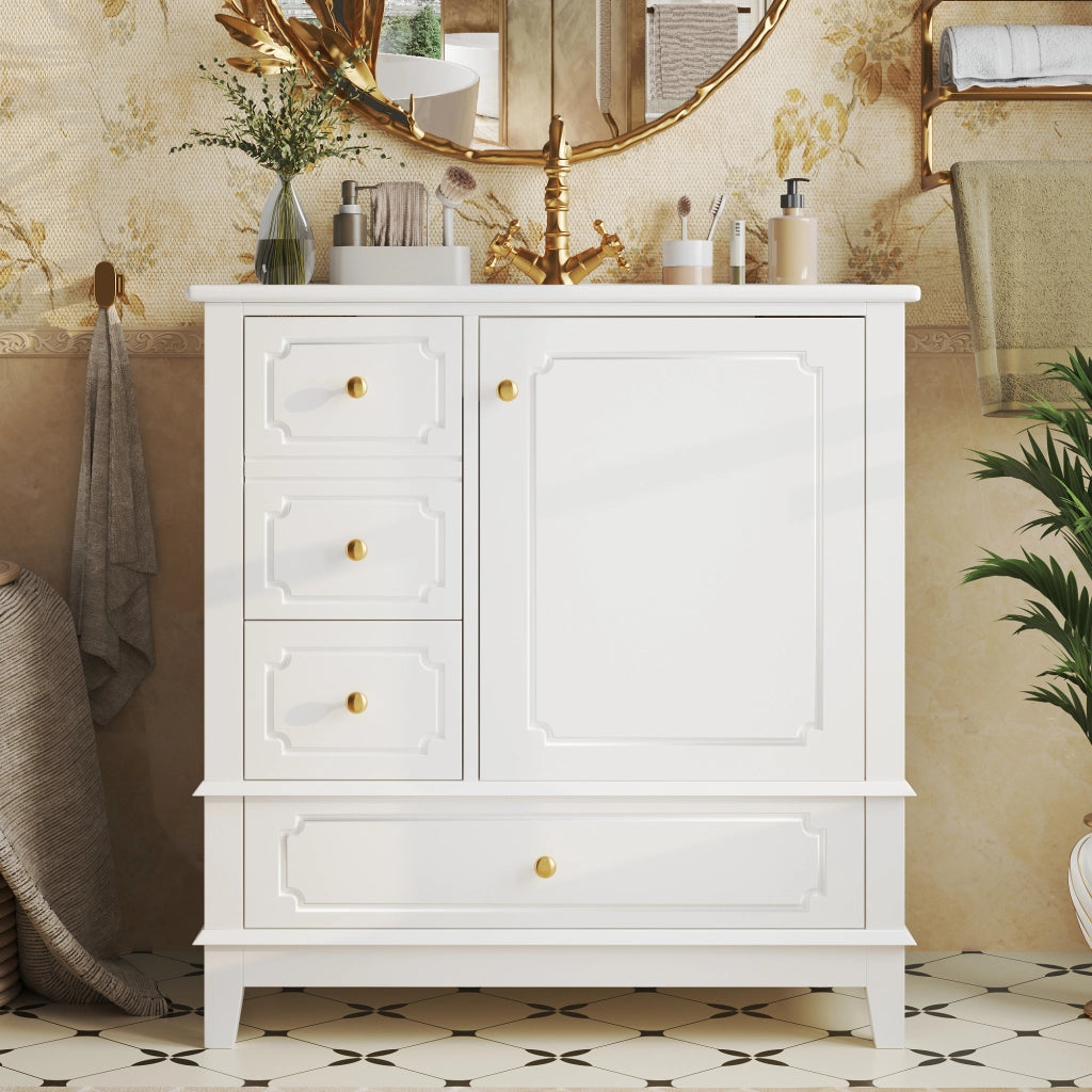 Mobile sottolavabo con lavabo in ceramica, 3 cassetti, vano con ripiano e maniglie oro, per bagno, 76,5 × 47 × 87,5 cm