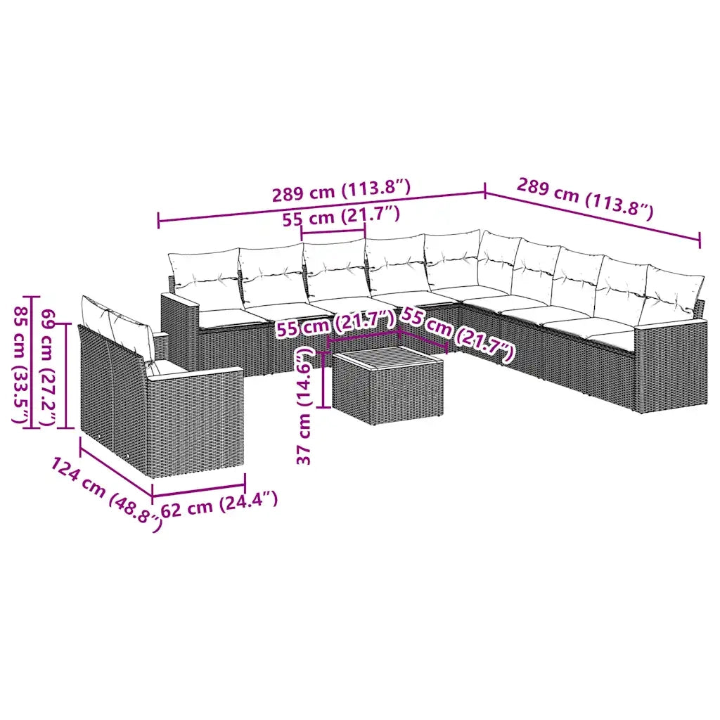Set Divani da Giardino 12 pz con Cuscini Nero in Polyrattan
