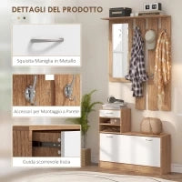 Mobile Appendiabiti 3 in 1 con Scarpiera e Specchio, Ganci e Cassetti, in Legno, 90x24x177 cm, Bianco e Noce
