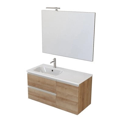 Mobile bagno sospeso 100 cm rovere miele con cassetti e anta completo di lavabo a sinistra e specchio Master