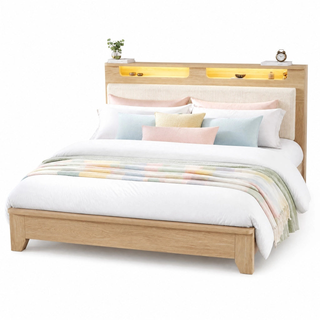 Letto matrimoniale in legno 160x200 cm con testiera LED, vano contenitore e materasso incluso
