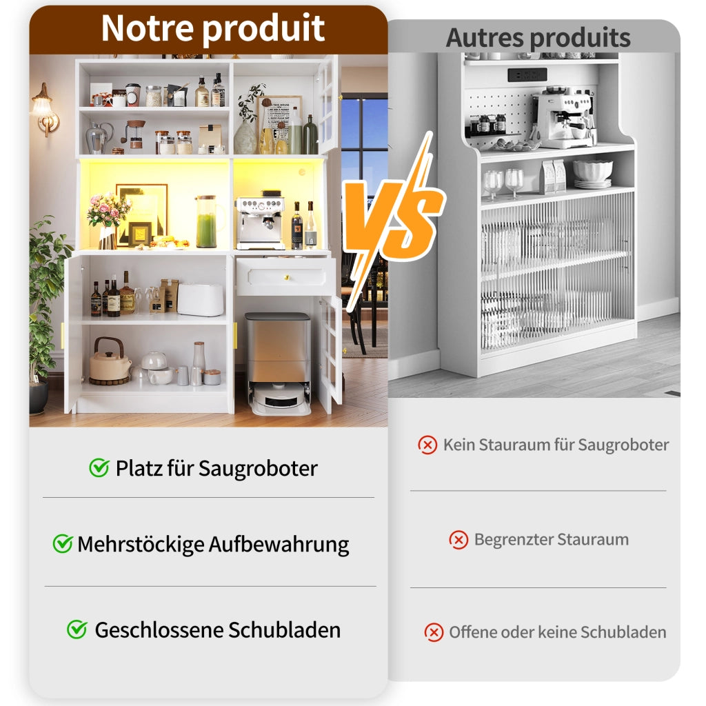 ARMADIO CUCINA 130x45x180 cm Bianco in MDF con ante in vetro e LED