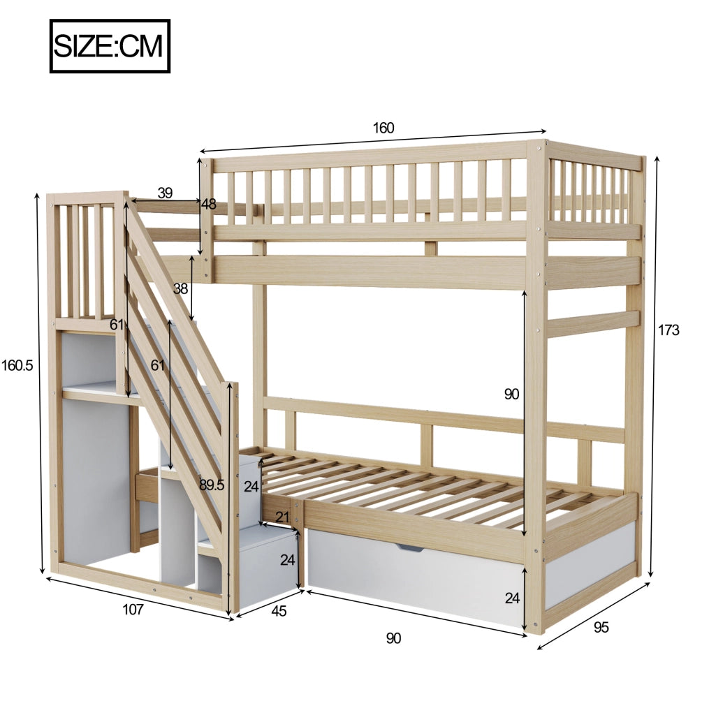 Letto a castello 90x200 cm con scale portaoggetti; cassetti; in legno bianco e colore naturale