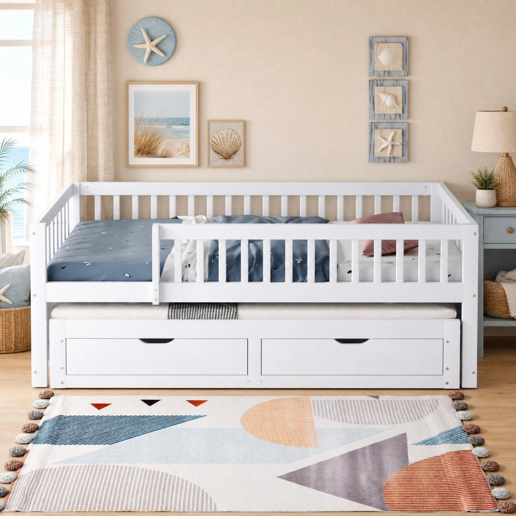 Divano letto multifunzionale con letto estraibile; 2 cassetti e sponde di sicurezza; 90x200 cm; bianco