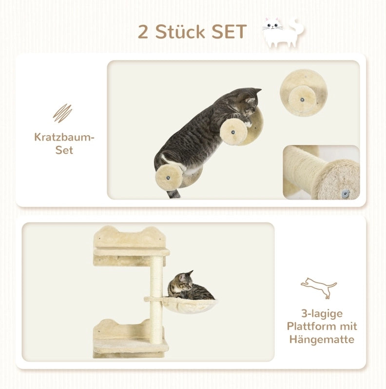 Set parete per gatti ULEVR 4 pezzi con 3 gradini, tiragraffi con amaca e piattaforma, beige
