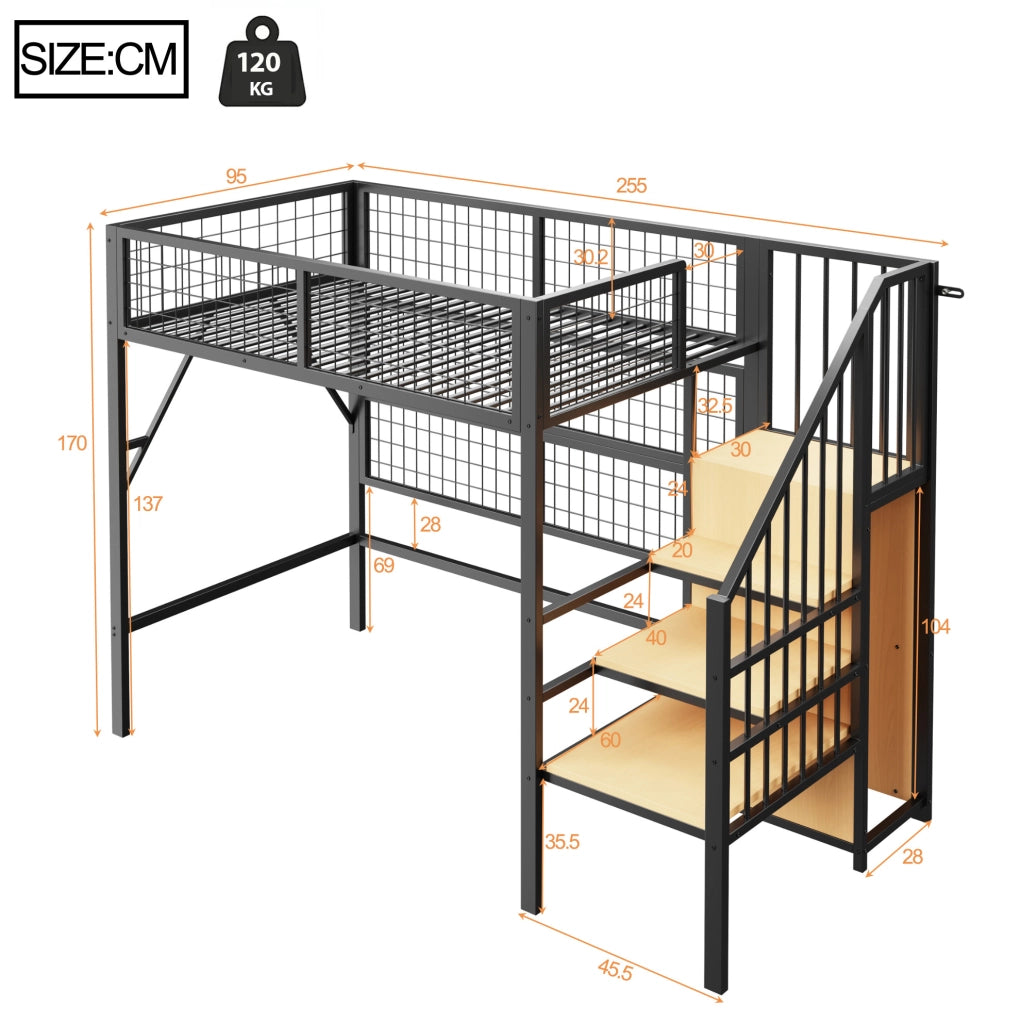 Letto a soppalco 90x200 cm con scala contenitore e LED in metallo nero