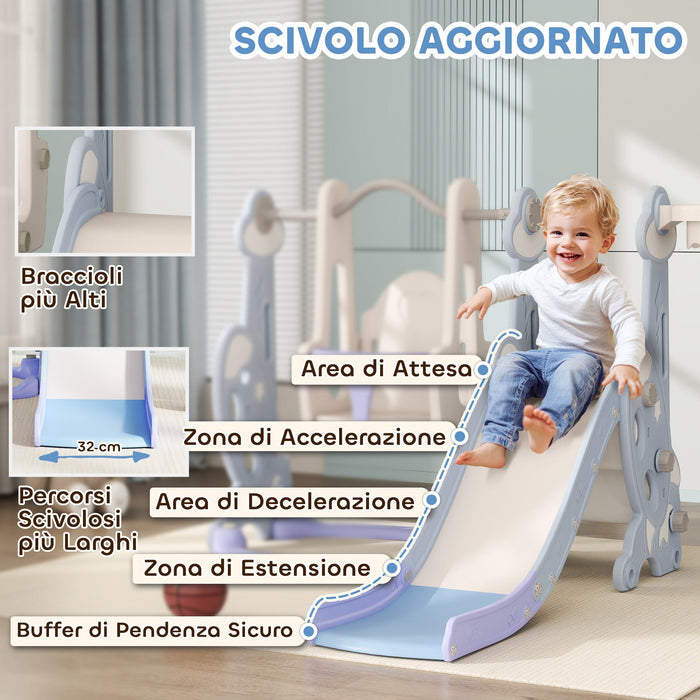 Scivolo per Bambini 4 in 1 con Altalena Canestro Arrampicata 147,5x160x107 cm Azzurro Chiaro