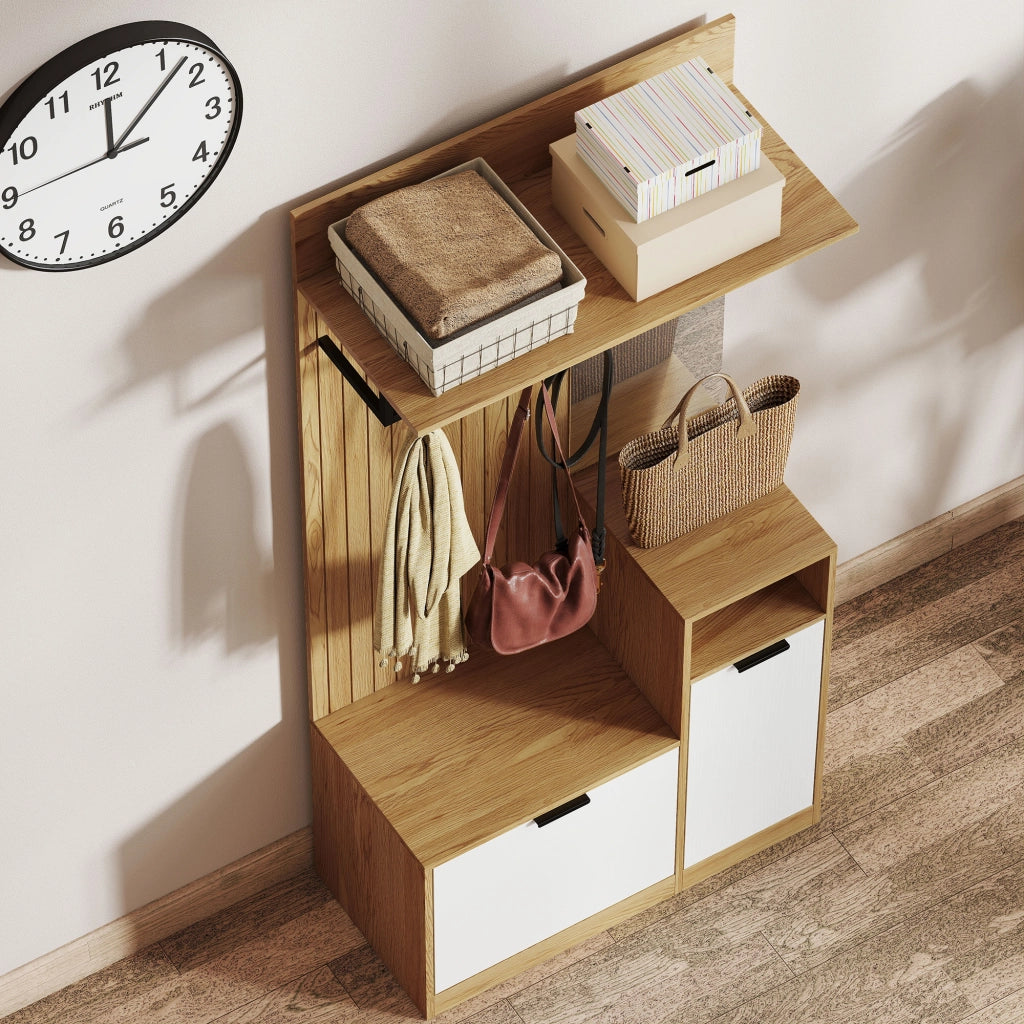 Mobile Appendiabiti da Ingresso 80x37x168 cm con Asta 4 Ganci Panca con Scarpiera e Armadietto in MDF Rovere e Bianco