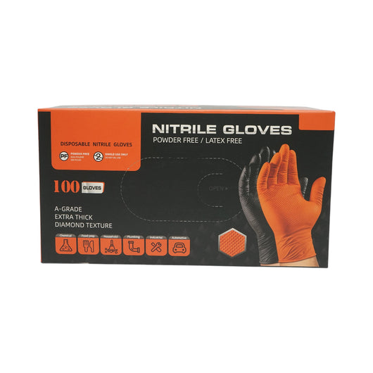 Guanti in nitrile arancioni senza polvere con texture di presa a diamante, taglia L 100 pezzi/scatola