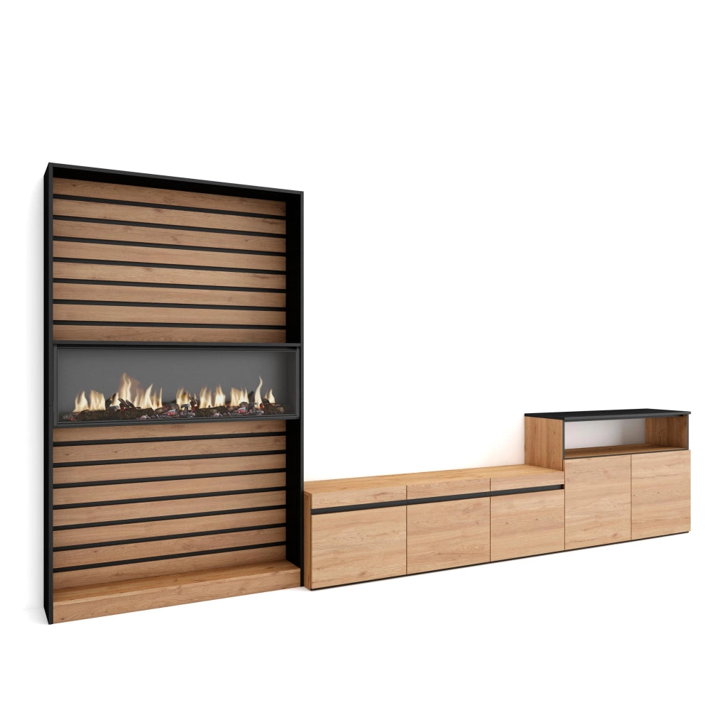 Mobile TV, Soggiorno, 360x35x186cm, Per TV fino a 65", Camino elettrico, colore Rovere e nero RF3160