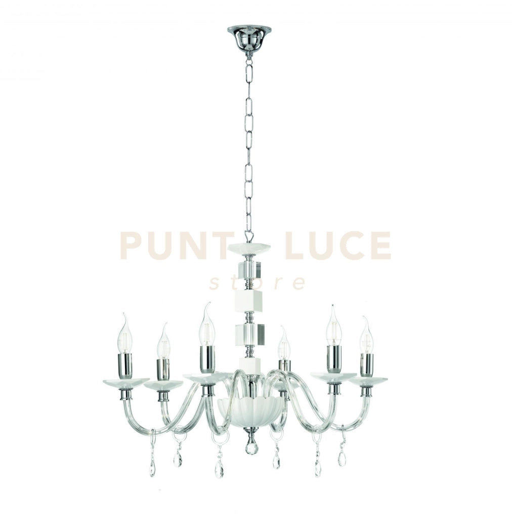 LAMPADARIO LIVIA 6 LUCI BIANCO- TRASPARENTE E CROMO ATTACCO E14 D.70CM