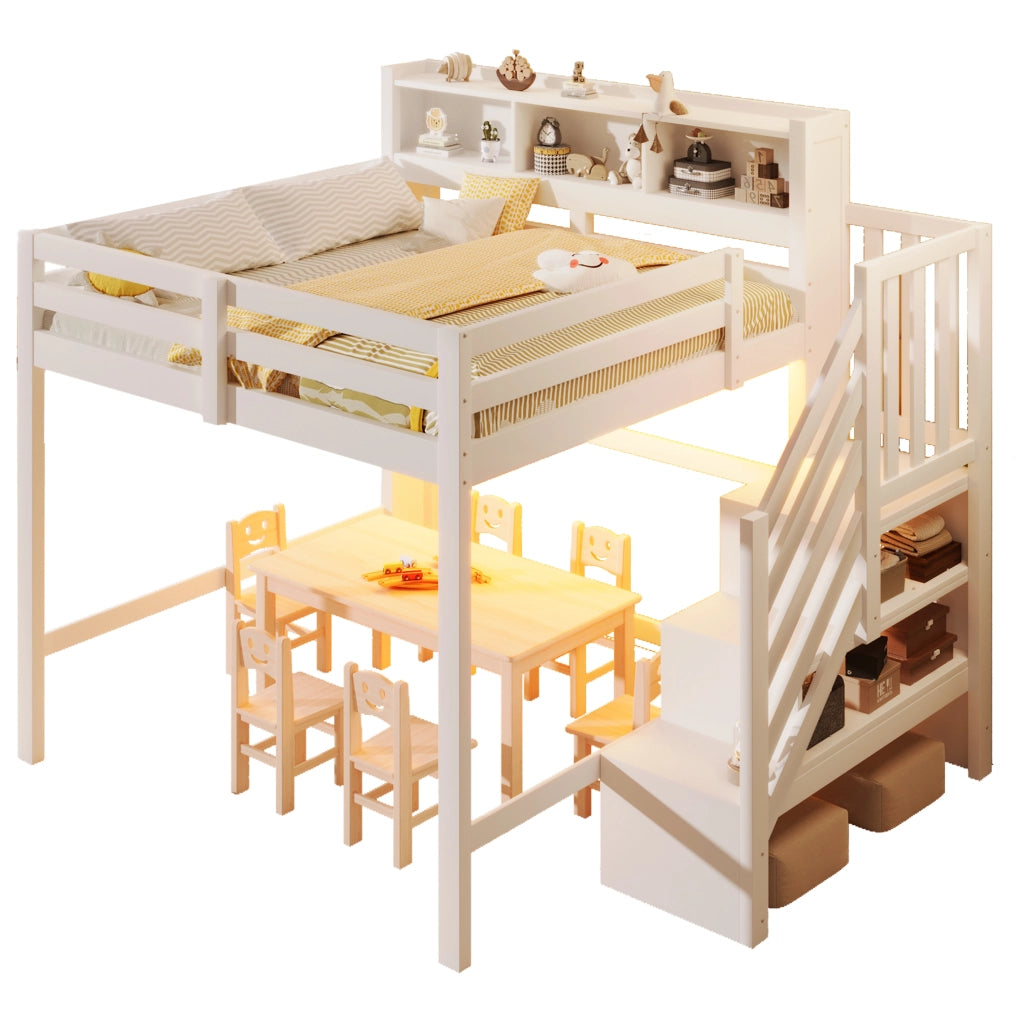LETTO A SOPPALCO 140x200 cm Bianco con LED e scala contenitore