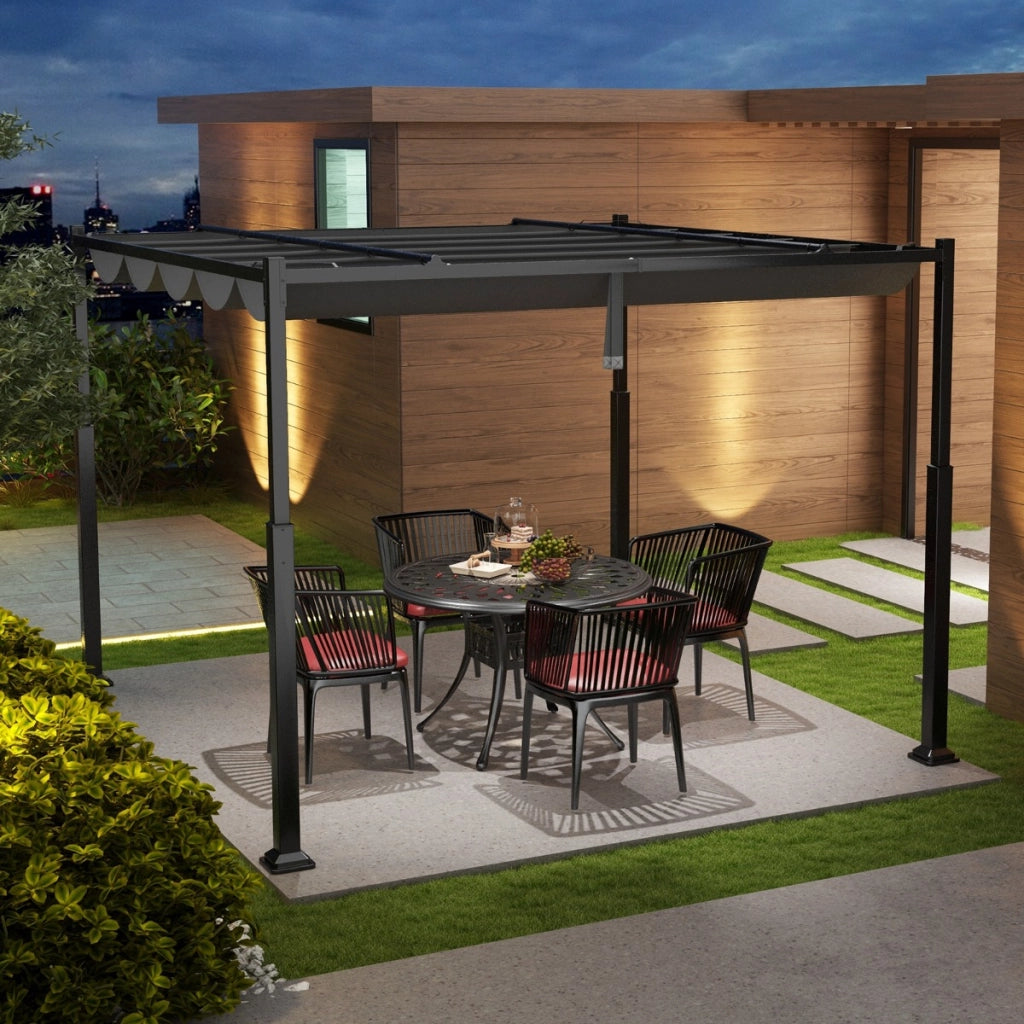Pergola da esterno 310x310cm con tettoia retrattile colonne metalliche extra-resistenti, Padiglione parasole Grigio-Gazebo